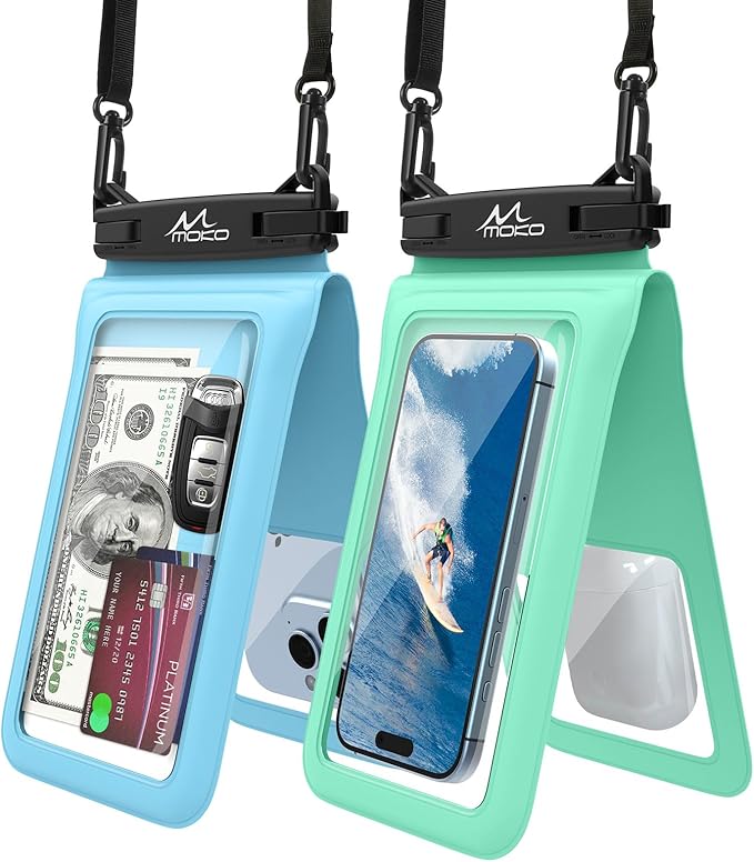 MoKo Double Case Waterproof Phone Pouch, 2Pack Waterproof Phone Case Dry Bag with Adjustable Lanyard Compatible with iPhone 15 14 Pro Max Galaxy S23 Ultra/Note 20 Ultra Up to 7 Inches, Blue+Green