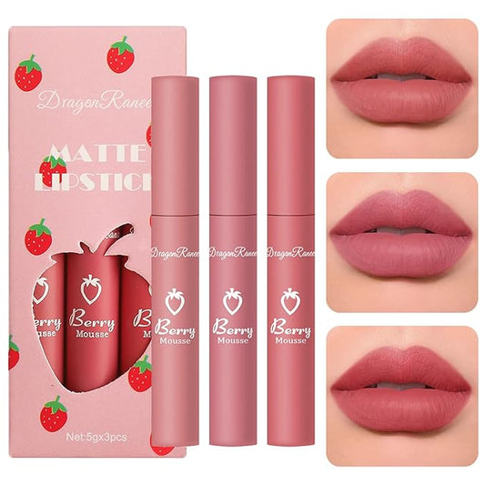 3 Piece Nude Matte Lipstick Set,Natural Nude Lipstick Velvet Air Moisture Smooth Crayon Lip Stain,Matte Lipstick 24 Hour SuperstayLong Lasting Waterproof Lip Gloss for Women Makeup(Set C)