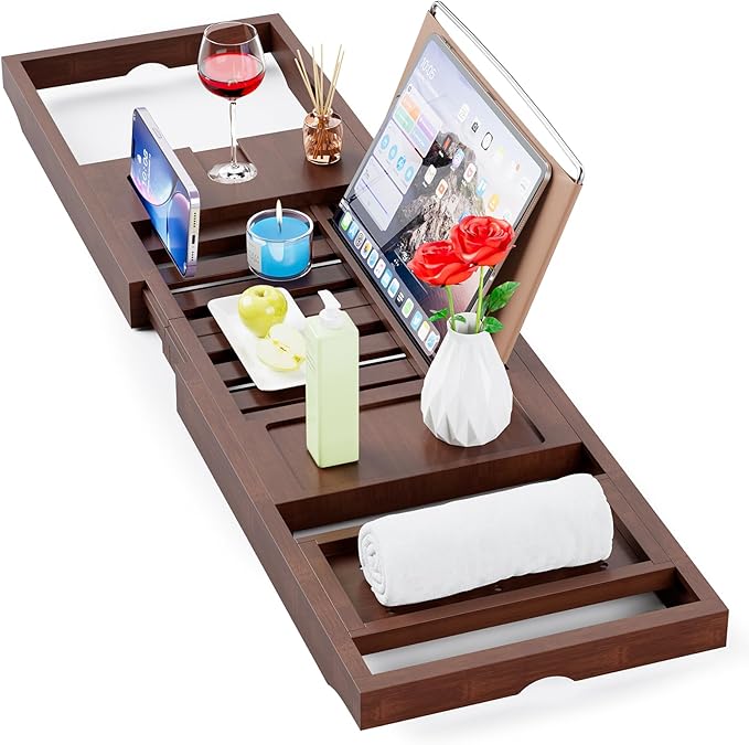Yirilan Bamboo Bathtub Tray Caddy, 1 or 2 Person Expandable Wooden Bathroom Tray, Luxury Bamboo Bathtub Tray Expandable, Bath Tub Table Caddy with Extending, Brown