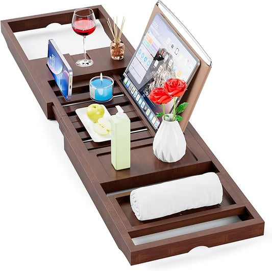 Yirilan Bamboo Bathtub Tray Caddy, 1 or 2 Person Expandable Wooden Bathroom Tray, Luxury Bamboo Bathtub Tray Expandable, Bath Tub Table Caddy with Extending, Brown
