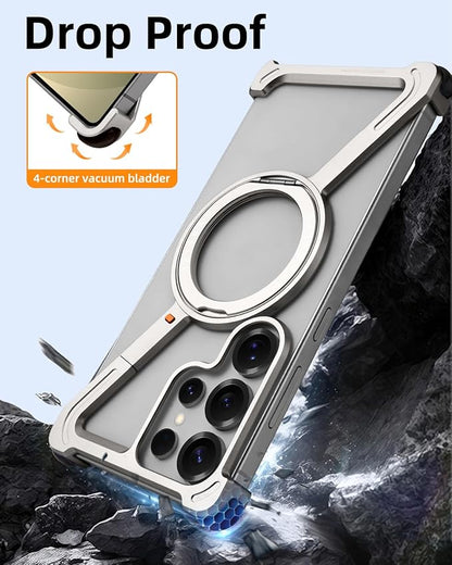 OATSBASF Minimalist Phone Case Compatible with Samsung Galaxy S25 Ultra, 360° Rotation Kickstand Aluminum Metal Frameless Design Bumper Case, Protective Shock Grade Shell, Natural Titanium