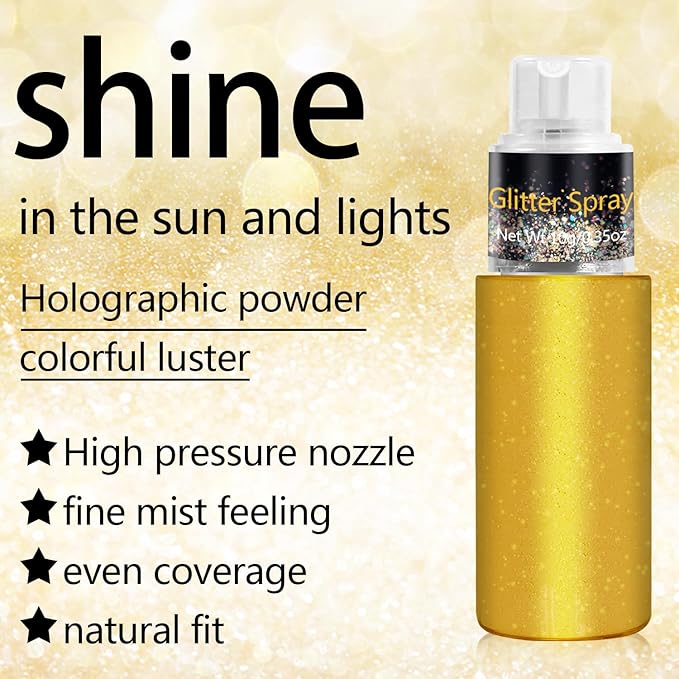 Hair and Body Glitter Spray, Holographic Glitter Highlighter Powder, Face Body Clothes Shiny Glitter, Loose Shimmer Hairspray Festival Rave Prom Accessories, 10g (01# Gold)