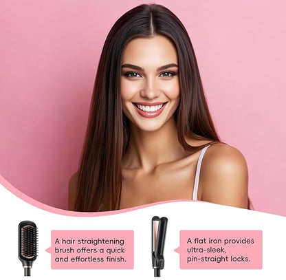 Nicebay Hair Straightening Brush Set with Thermal Brush Flat Iron, 1 Inch Ceramic Curling Iron, 5 Adjustable Temps Professional Fast Heat with Glove, Dual Voltage for Travel, Women Gifts