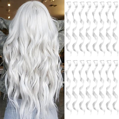 16 Pcs Colored Hair Extensions Curly Wavy Clip in Synthetic Hairpiece Streak for Girls Women Kids, Multi-colors Party Highlights Cosplay Festival Gift(White)