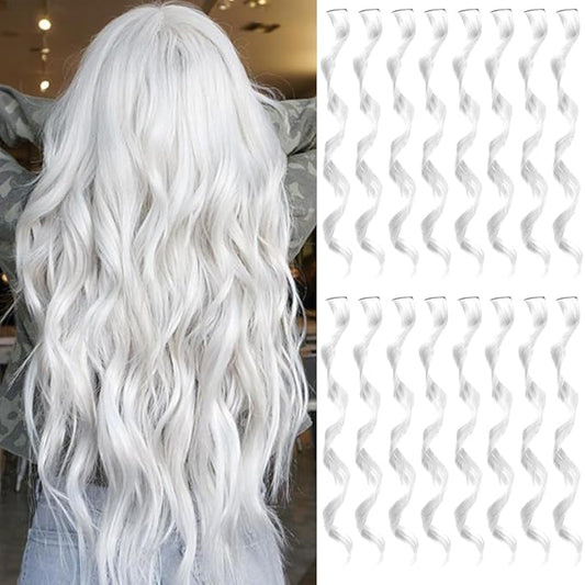 16 Pcs Colored Hair Extensions Curly Wavy Clip in Synthetic Hairpiece Streak for Girls Women Kids, Multi-colors Party Highlights Cosplay Festival Gift(White)