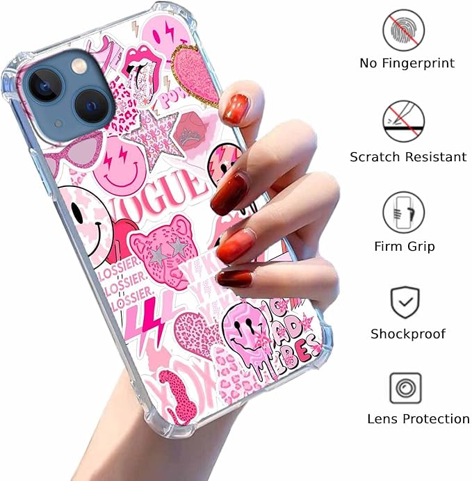 Case for iPhone 14 with Pink Design,Aesthetic Hippie Indie Popular Elements Pattern,Shockproof Soft TPU Bumper Phone Cover(14,Pink)