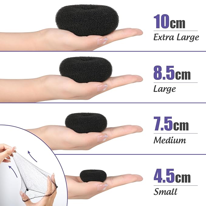 FANDAMEI Hair Donut Bun Maker Set - 4 Bun Shapers, 20 Invisible Nets, 5 Elastics, 20 Bobby Pins (Black)