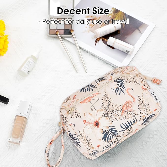 Narwey Women Makeup Bag Wide-open Make up Bag Travel Cosmetic Organizer Toiletry Bag for Cosmetics Toiletries Accessories (Beige Flamingo)