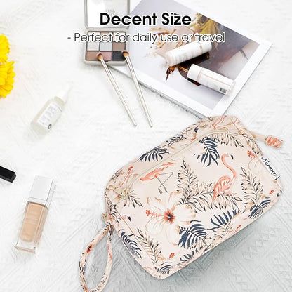 Narwey Women Makeup Bag Wide-open Make up Bag Travel Cosmetic Organizer Toiletry Bag for Cosmetics Toiletries Accessories (Beige Flamingo)
