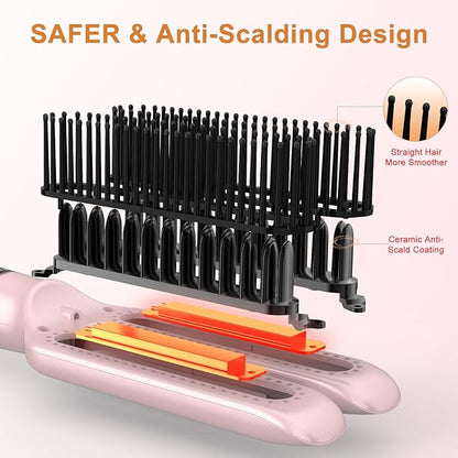 Nimmu Hair Straightener Brush, Hair Straightening Brush Flat Iron for Women with 5 Temps, Ceramic Straightener Comb Fast Heating for Home Salon, Double Heating Plate & Dual Voltage, Pink