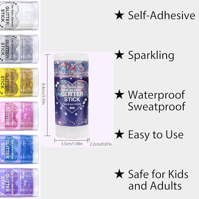Mysense Patriotic Red White and Blue Body Glitter Stick,4th of July Accessories,Sparkling Face Hair Glitter for Fourth of July Outfit Women Kids,American Pride USA Flag Makeup for Independence Day