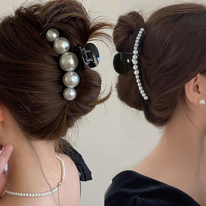 Mehayi 4 PCS Large Black Pearl Hair Claw Clips for Women Girls, Hair Barrette Clamps for Thick Thin Hair, Fashion Hair Accessories Headwear Styling Tools for Party Wedding