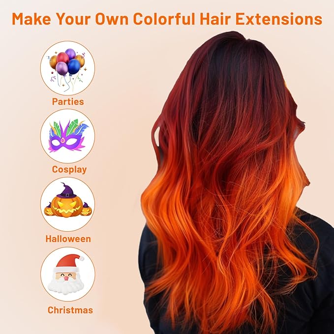 16 Pcs Colored Hair Extensions Curly Wavy Clip in Synthetic Hairpiece Streak for Girls Women Kid, Multi-colors Party Highlights Cosplay Festival Gift(Orange)