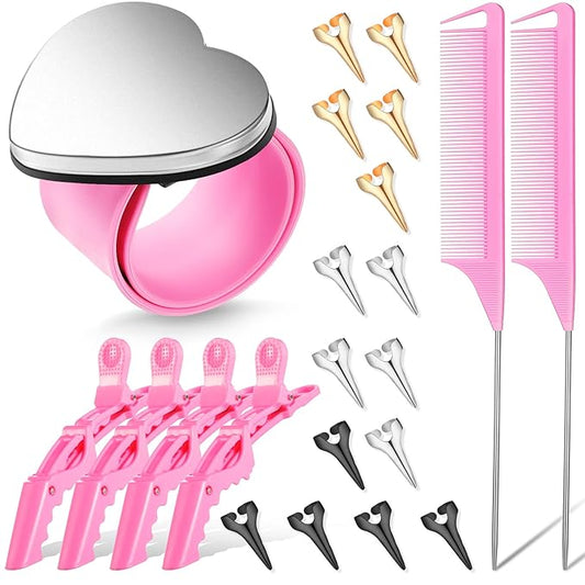 22 Pieces Magnetic Wrist Sewing Pincushion with Hair Braiding Tools - Stainless Steel Pintail Rat Tail Comb, Wide Teeth Alligator Sectioning Clip, Hair Parting Ring Tool, and Pin Wristband (Pink)