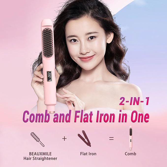 1” Flat Iron with Straightening Comb, 2-in-1 Hair Straightener Brush for Styling and Frizz Control, 30+ Temps, Negative Ions Hair Care, Dual Voltage, for All Hair Types, Pink
