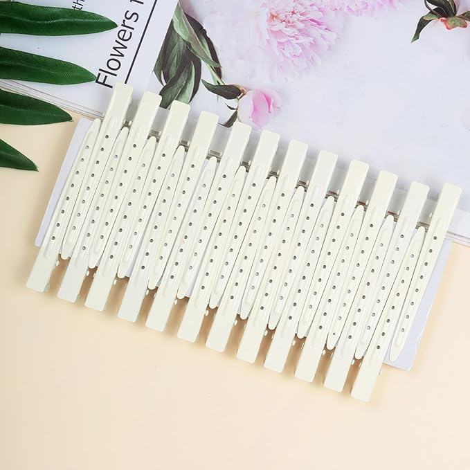 24 Packs Duck Bill Clips, Bantoye 3.35 Inches Rustproof Metal Alligator Curl Clips with Holes for Hair Styling, Hair Coloring, White