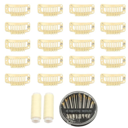30pcs 9 Teeth Stainless Steel Snap Comb Wig Clips, Hair Extension Clips, Wig Accessories Clip with 30 Assorted Sewing Needles and 2 Rolls Thread (Beige)