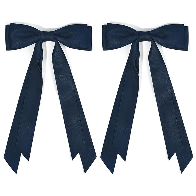 2PCS Silky Satin Hair Bows Hair Clip Blue Hair Ribbon Ponytail Holder Accessories Slides Metal Clips Hair Bow for Women Girls Toddlers Teens Kids