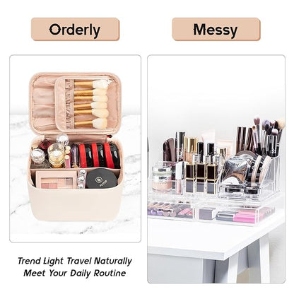 OCHEAL Makeup Bag, Large Capacity Make Up Bag for Cosmetics Vertical Storage,Toiletry Bag for Skincare Makeup Organizer Bag for Travel,With Makeup Brushes Compartments & Dividers -Beige