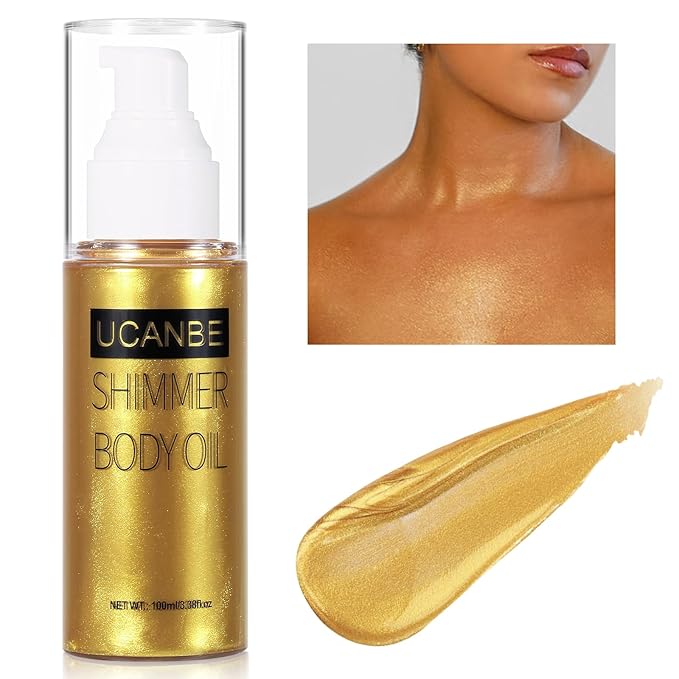 UCANBE Body Shimmer Oil - 100ml Moisturizing Face & Body Glow Glitter Luminizer Liquid Illuminator Highlighter, Waterproof, Tinted Glowing Bronzer (Gold)