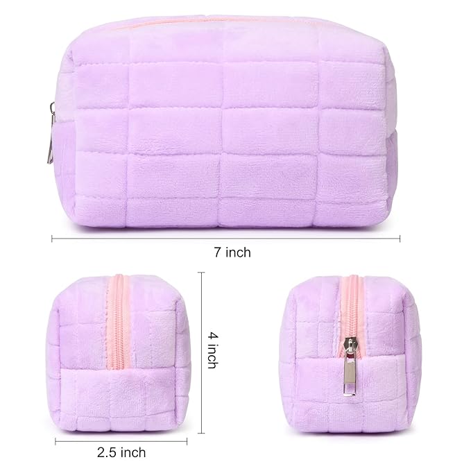 2 Pieces Makeup Bag Cute Cosmetic Bag Plush Blue Purple Makeup Pouch Travel Toiletry Bag Organizer Makeup Brushes Storage Bag for Women