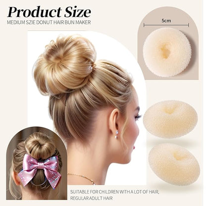 Teenitor Hair Bun Maker Kit, 4pcs Medium Size Donut Bun Maker, 10pcs 50cm Invisible Hair Nets, 10pcs 6cm Hair Bobby Pins, Hair Bun Shaper Set, Beige