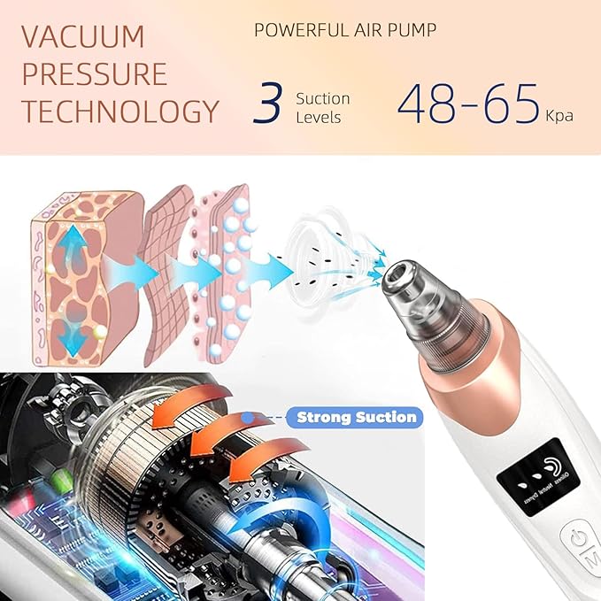 2025 Pore Vacuum,USB Rechargeable Blackhead Remover Vacuum,3 Levels Adjustable Pore Vacuum Blackhead Remover, with 5 Suction Power,6 Probes,Face Vacuum Pore Cleanser for Women & Men-White