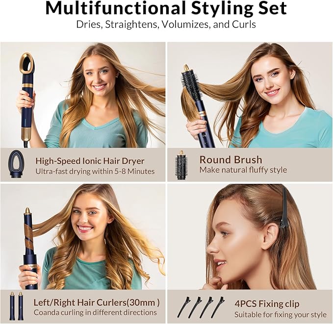 4-in-1 Hot Air Hair Styler & Hair Dryer Brush - 110,000RPM High Speed Ionic Blow Dryer for Fast Drying, Curling & Straightening - Suitable for Straight, Wavy, Curly, Coily Hair - No Heat Damage