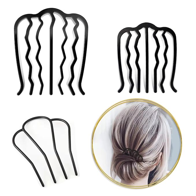 3 Piece Hair Fork Clip Vintage Hair Side Combs U Shape Teeth Alloy Paint Hair Pin Hair Clip Stick Women Hair Styling Tool Accessories, Black