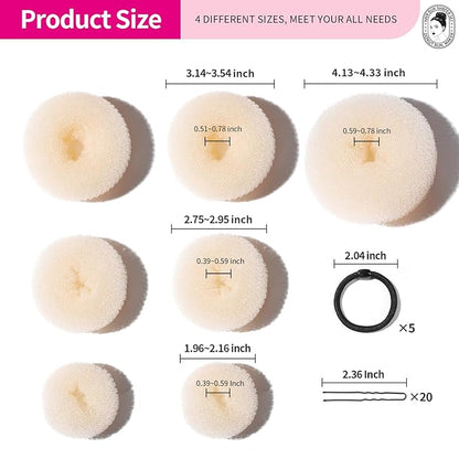 Teenitor Donut Bun Maker Set - Hair Bun Ring with 5 Bands, 20 Bobby Pins & 7 Chignons (2 Small, 2 Medium, 1 Large, 1 Extra-Large) for Hairstyles in Beige