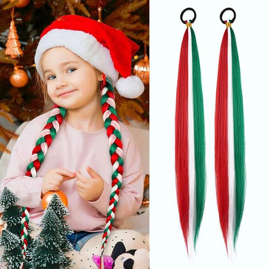 2 Pack Braid Ponytail Extension, Full of Christmas Color Ponytail Extension, with Elastic Tie Straight Tube Sleek Wrap Extension Hair Ponytail Extension 26 Inch (Red/White/Green#)