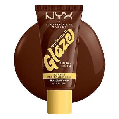 NYX PROFESSIONAL MAKEUP Buttermelt Glaze Soft Glow Skin Tint + SPF 30, Up To 12HR Wear, 09 Hazelnut Butta