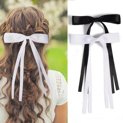 4 PCS Tassel Ribbon Bowknot Hair Clips With Long Tail for Women Girl Teens Kids, Solid Holder Fashion Bow Bowknot Hair Accessories Headwear Barrettes Claw(Black&White)