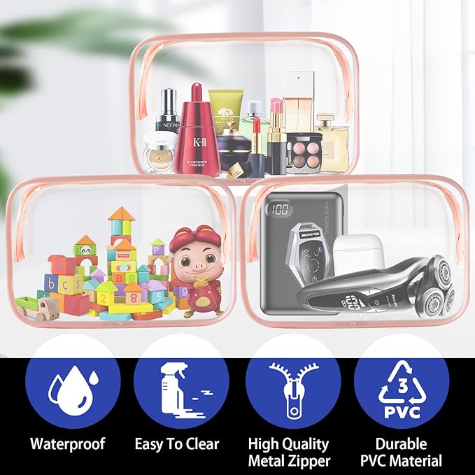 16 Piece Clear Cosmetic Bags, Large Makeup Bags, TSA Approved Toiletry Bag for Travel, PVC Waterproof Pouch with Zipper Make Up Bag for Women and Men Traveling (Pink-L)