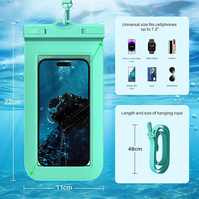 2 Pcs Waterproof Phone Pouch Case Up to 7.2", Floating Universal IPX8 Water Proof Cell Phone Dry Bag for iPhone 16 15 14 13 12 11 Pro Max XR XS SE 2022, Outdoor Sports, Green