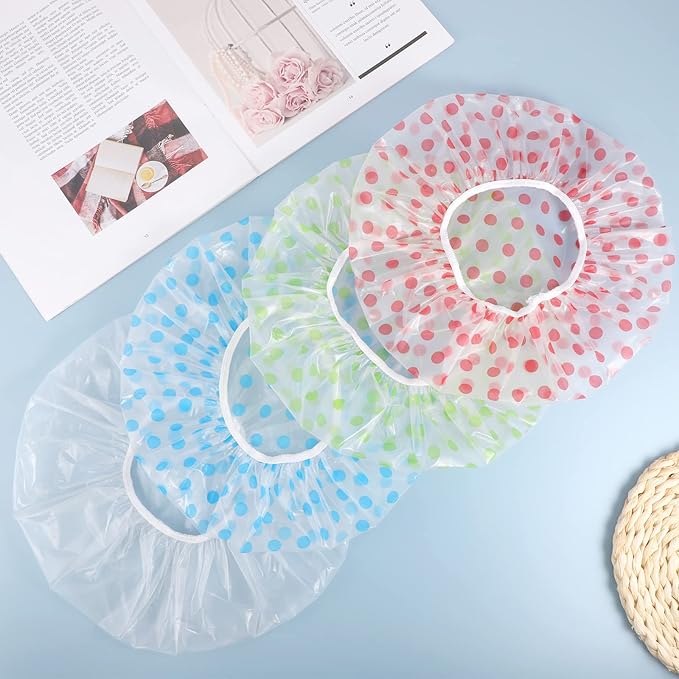 6 Pcs Shower Caps, Waterproof Bath Caps Plastic Reusable Shower Caps Elastic Band Bath Hair Caps for Women Kids