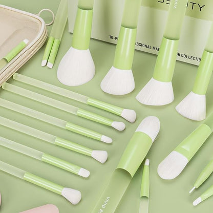 18pcs Colorful Makeup Brush Set with Make up Bag and Sponge Applicators for Liquid Foundation - Professional Cosmetics Tools Blush Blending Blender Brushes Gift Pack (Green)