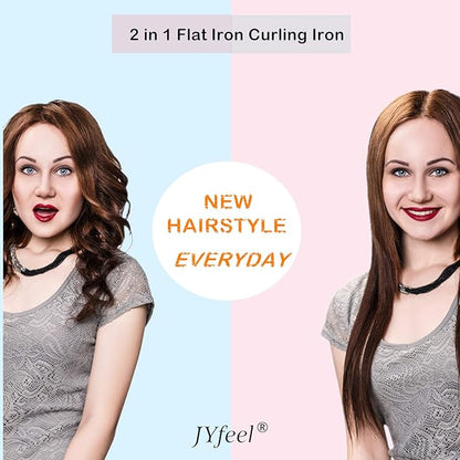 2 in 1 Flat Iron Curling Iron in One, Travel Hair Straightener and Curler Dual Voltage Mini Straightener Curler Combo with 1 Inch Ceramic Plate Rose Gold