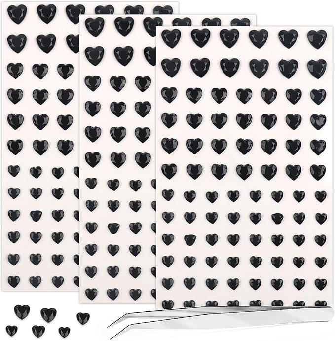 264Pcs Heart Face Gems Love Gems, Self-Adhesive Face Jewels Rhinestones 5/7/10 mm DIY Face Gems Stick on, Valentine Makeup Gems Rave Accessories for Face Eyes Hair Makeup Body, Crafts (Black)