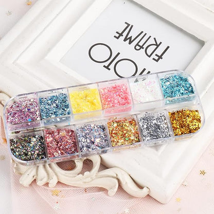 12 Colors Glitter Nail Art Sequins, Holographic Irregular Iridescent Shiny Nail Flakes Decorations 3D Ultra-Thin Powder Nail Art Design for Women Manicure Sparkly Acrylic Supplies, Resin Nail Art Tips