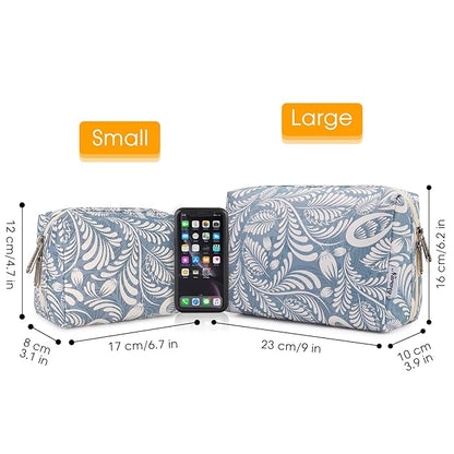Narwey Small Makeup Bag for Purse Mini Cosmetic Bag Travel Makeup Pouch Zipper Pouch Cute Make up Bags with Compartments for Women Girls (Small, Blue Leaf)