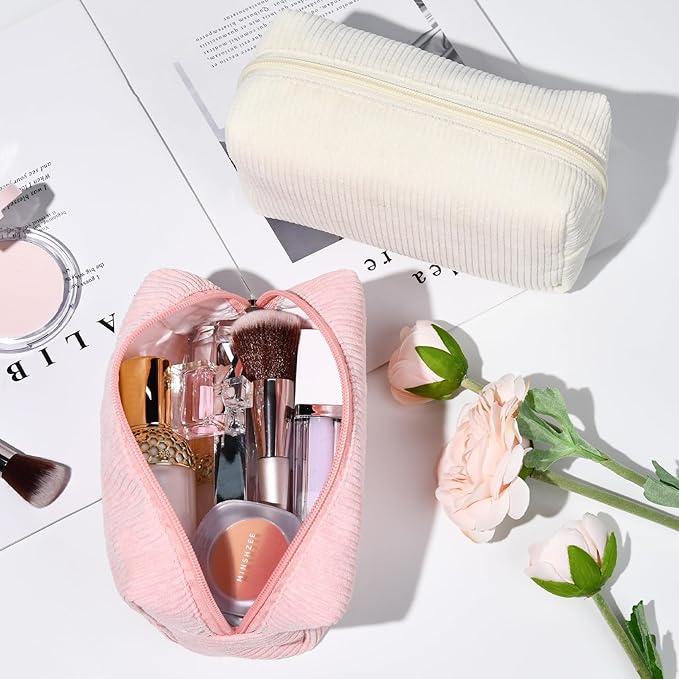 2 Pieces Makeup Bag Corduroy Cosmetic Bag White Pink Makeup Pouch Travel Toiletry Bag Organizer Cute Makeup Brushes Storage Bag for Women