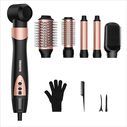 6 in 1 High-Speed Air Wrap Hair Styler,110,000 RPM Professional Hair Dryer Brush Set Fast Drying,No Heat Damage Multi-Styler,Blow Dryer Brush for Curling Straightening Volumizing Styling (Rose Gold)