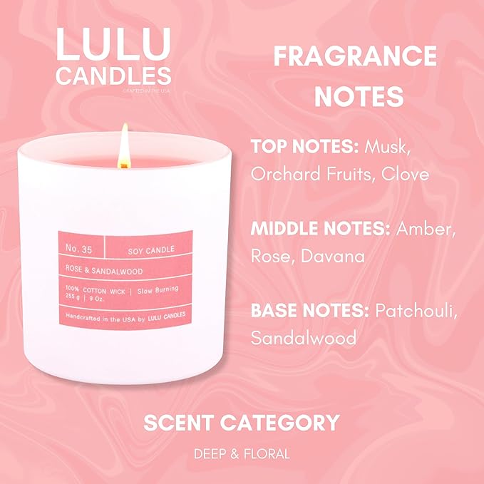 Lulu Candles | Rose & Sandalwood | Smells Floral & Woody | Luxury Scented Soy Jar Candle | Hand Poured in The USA | Highly Scented & Long Lasting (9 Oz. Limited Edition)