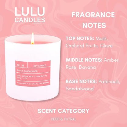 Lulu Candles | Rose & Sandalwood | Smells Floral & Woody | Luxury Scented Soy Jar Candle | Hand Poured in The USA | Highly Scented & Long Lasting (9 Oz. Limited Edition)