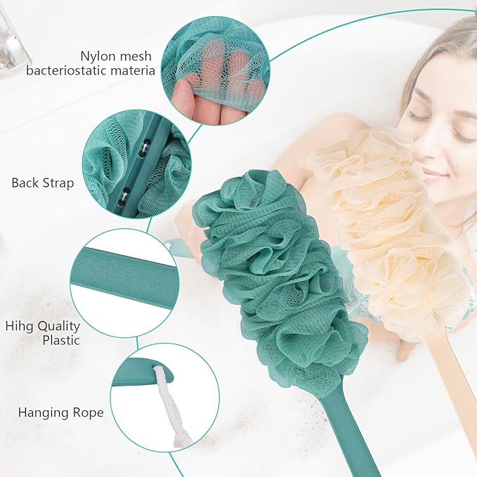 4Pack Back Scrubber for Shower Loofah with Long Handle, Shower Brush for Body, 17″ Loofah on a Stick for Men Women Bathing Accessories, Scrubber Sponge for Exfoliating Bath Brushes (Beige & Green)