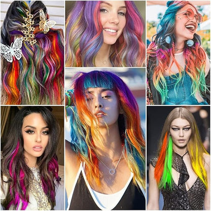 25 PCS Colored Hair Extensions, Colorful Party Highlights Multi-colors Clip in Hair Extensions, Rainbow Synthetic Hairpieces for Girls Women Kids Gift Hair Pieces Party(22 In)