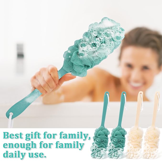 4Pack Back Scrubber for Shower Loofah with Long Handle, Shower Brush for Body, 17″ Loofah on a Stick for Men Women Bathing Accessories, Scrubber Sponge for Exfoliating Bath Brushes (Beige & Green)