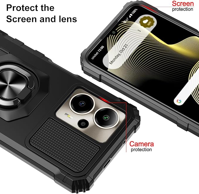 for Cricket Outlast 5G 2024 Case/AT&T Motivate Pro 5G Case with Screen Protector,Dual Layer Military Grade Protection with Ring Stand Phone Case for Cricket Outlast 5G/ATT Motivate Pro 5G Black