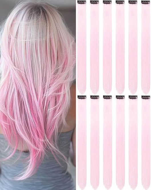 20 Inch Colored Light Pink Hair Extensions Party Highlights, Straight Hairpiece Clip in Synthetic Hair Extensions for Kids Girls (12 Pcs Light Pink)
